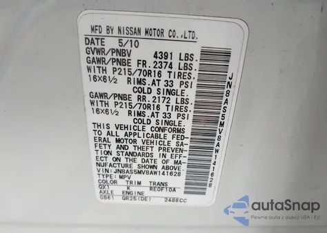 2010 Nissan Rogue S z USA, uszkodzony, nr VIN JN8AS5MV8AW141628